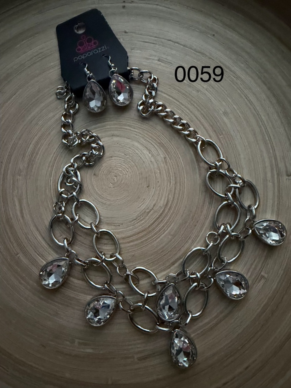 0059 Paparazzi Silver Teardrop Crystal Statement Necklace and Earring Set
